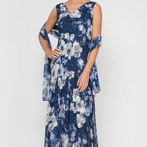 alexevenings.com Tea-Length Sleeveless Printed Cowl Neck Dress with Flounce Hem